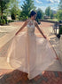 A Line High Neck Champagne Appliques Tulle Prom Dress LBQ3971